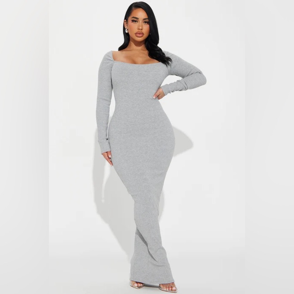 Fashion Nova Grey Gray Square Neck Long Sleeve High Compression Rib Maxi Dress